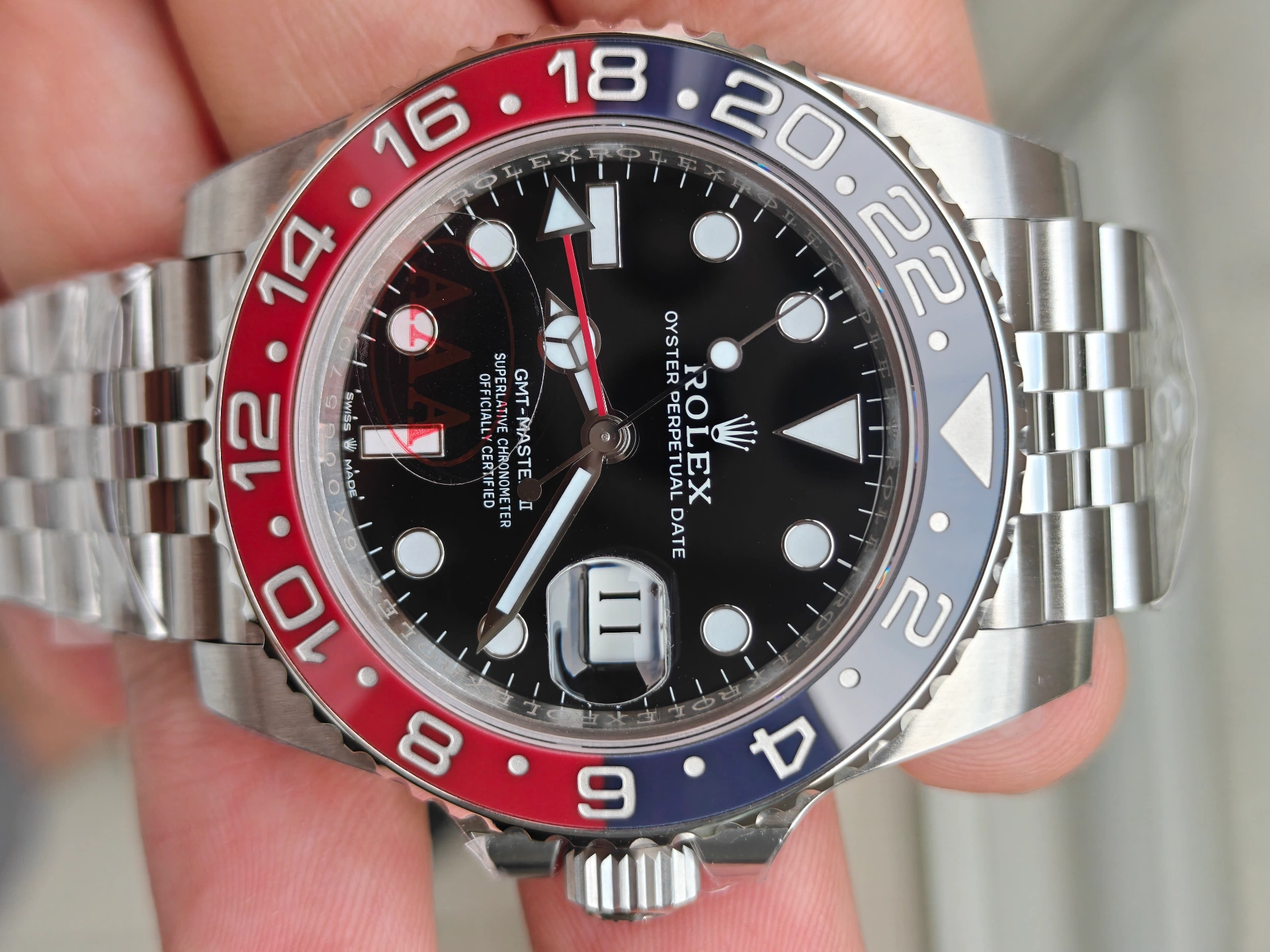 VSF Pepsi GMT-Master II 126710 BLRO dial front with red-blue ceramic bezel and black dial