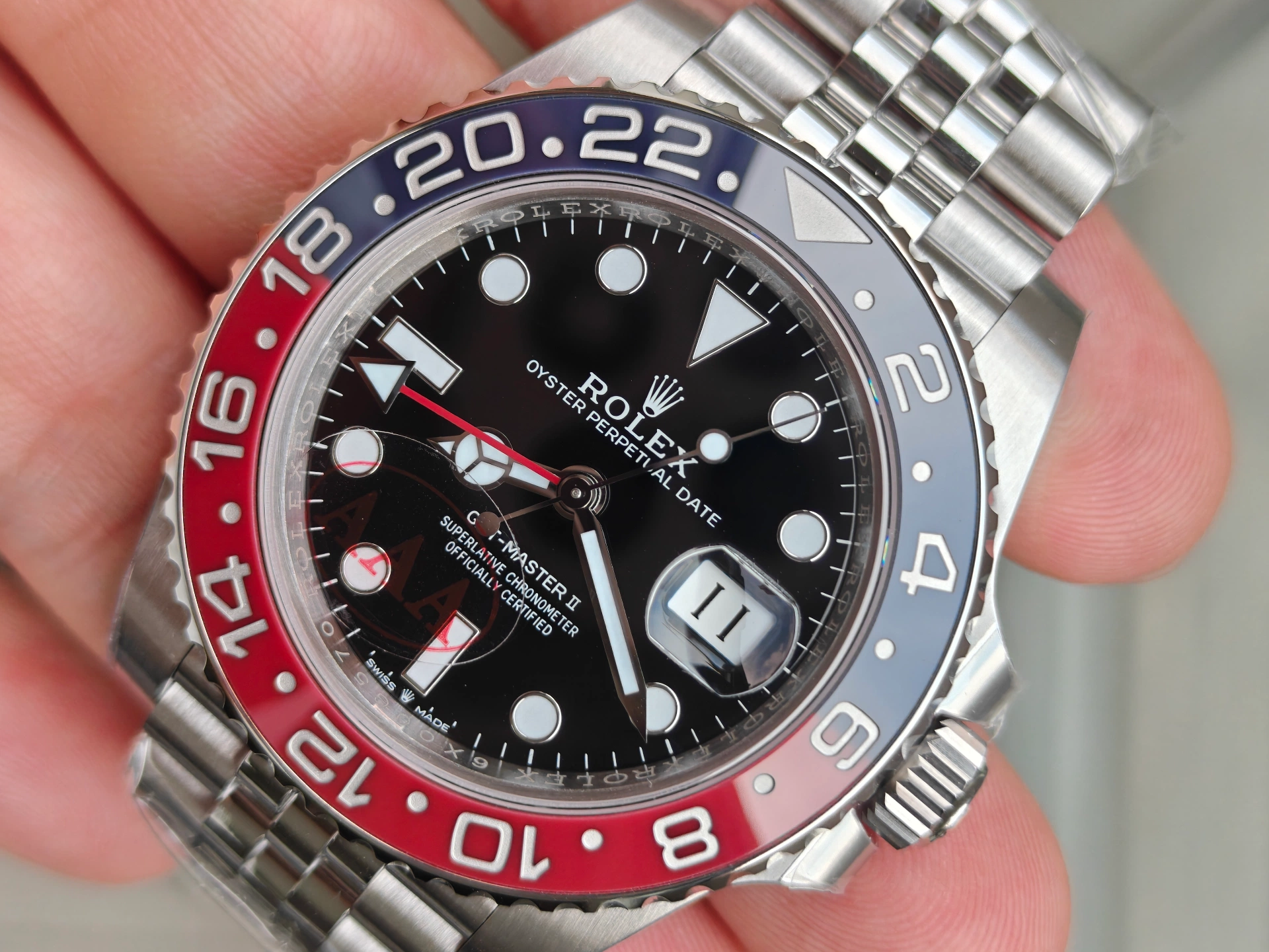 VSF Pepsi GMT-Master II dial with Mercedes hands and red GMT hand on black dial