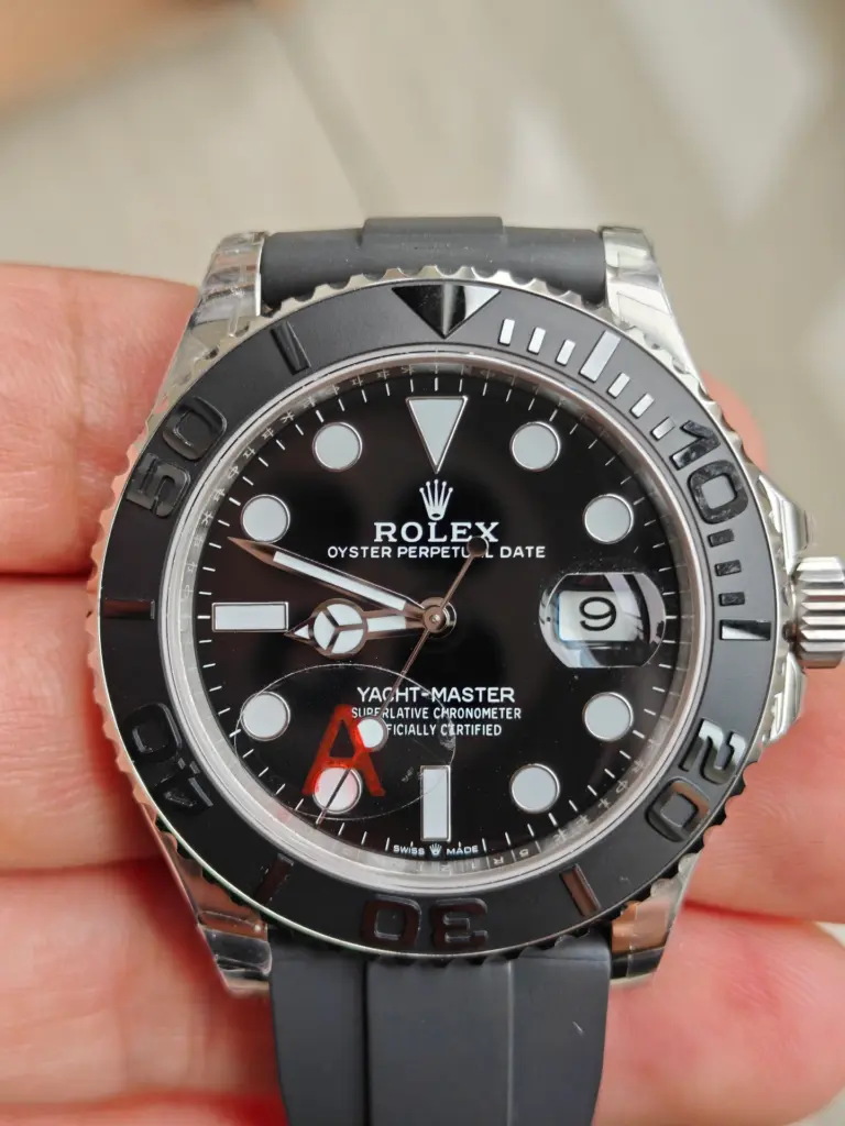 VSF White Gold Yacht-Master 42 weighted version 150g front view black dial Oysterflex strap
