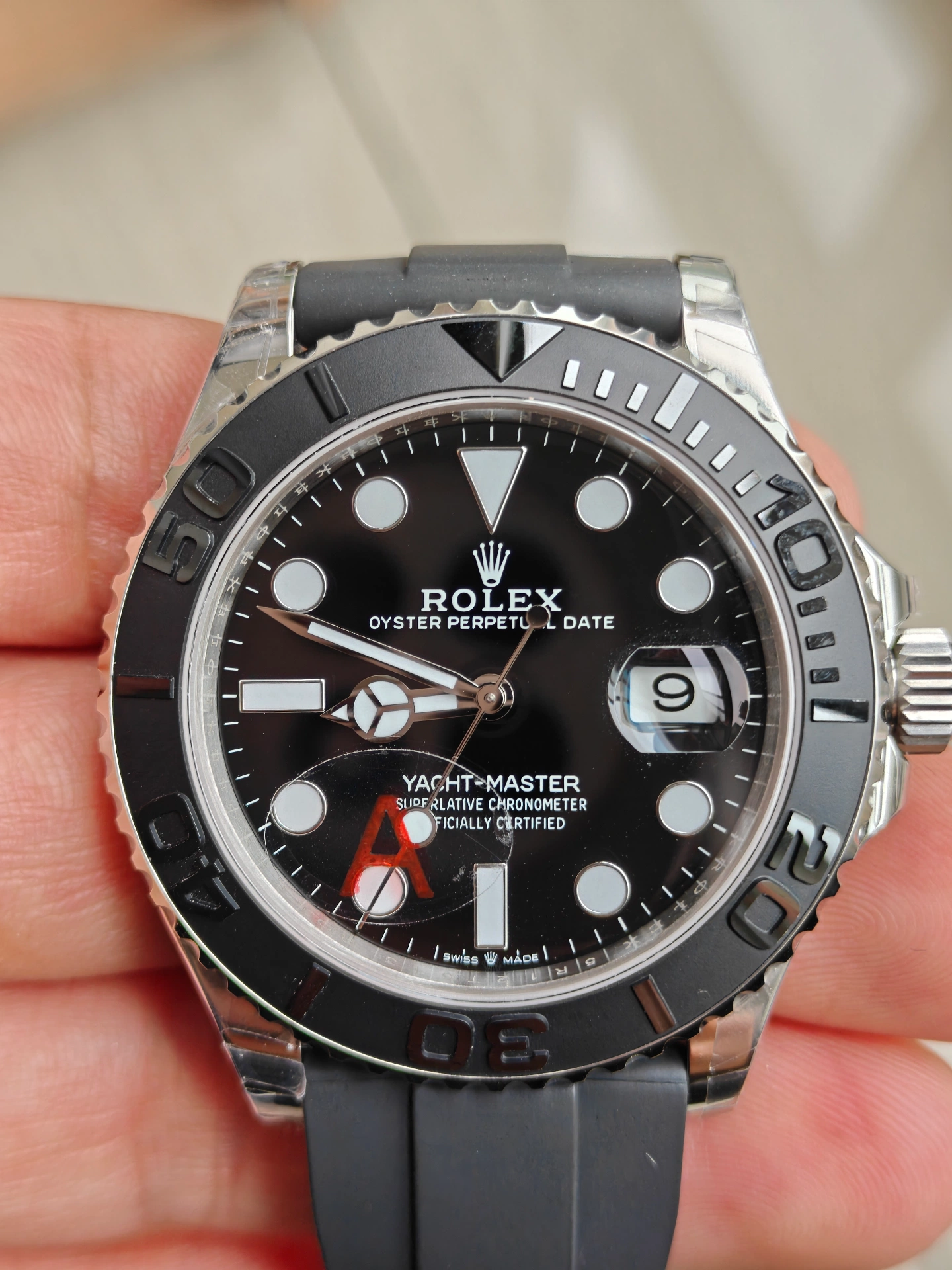 VSF White Gold Yacht-Master 42 weighted version 150g front view black dial Oysterflex