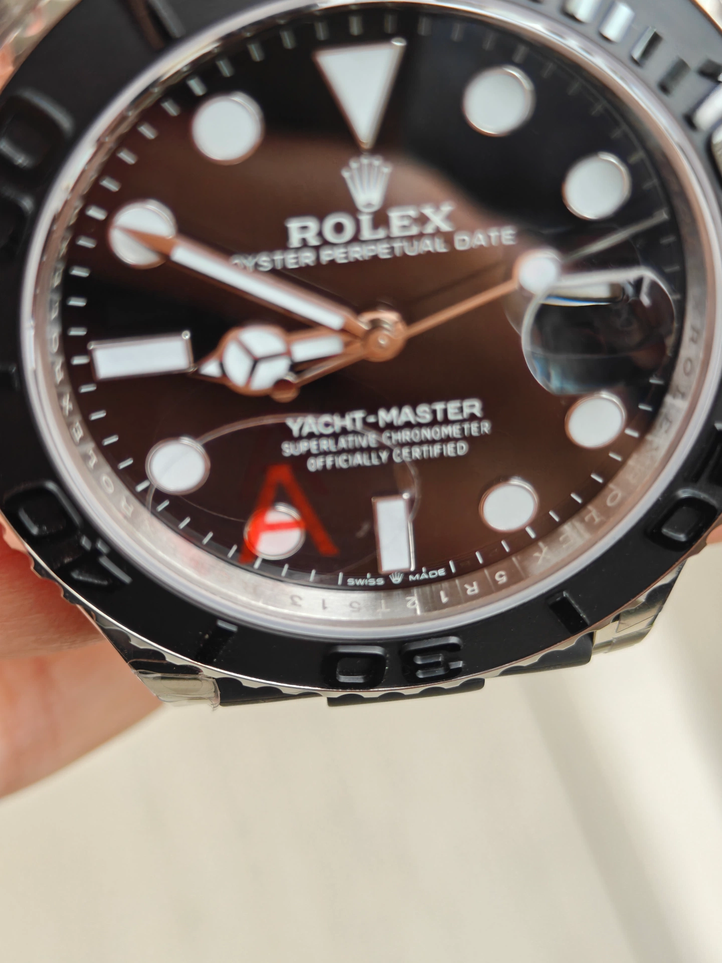 VSF White Gold Yacht-Master 42 dial macro white luminous markers date window red 4A sticker