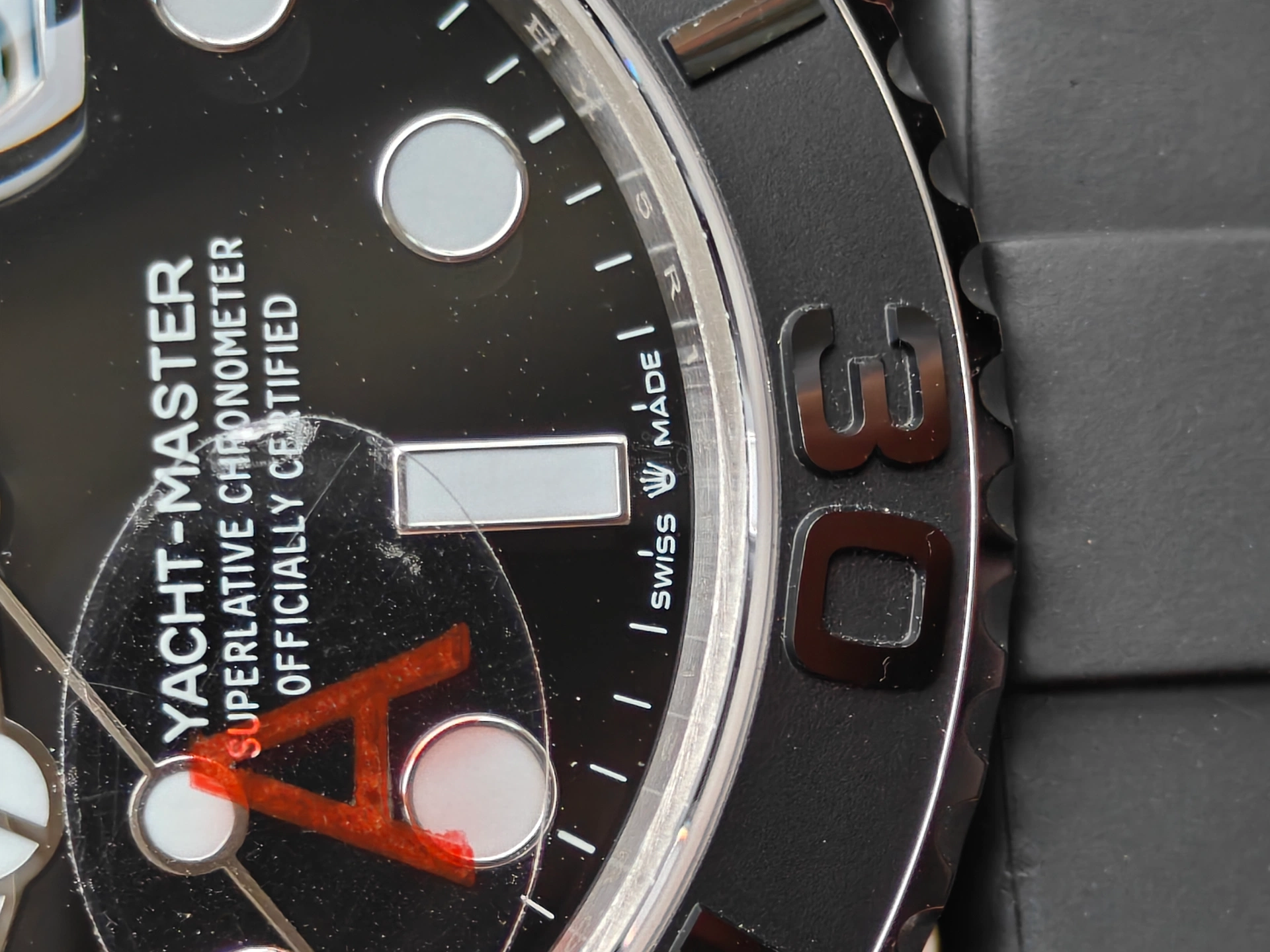 VSF White Gold Yacht-Master 42 dial macro red 4A sticker detail